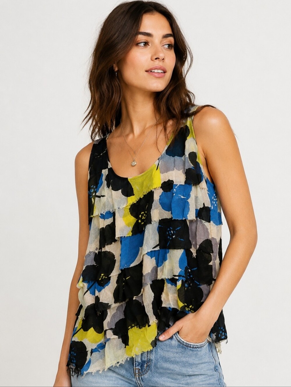 LOFT Blue Black White Yellow Tiered Floral Ruffle Raw Edge Sleeveless Top Sz XS